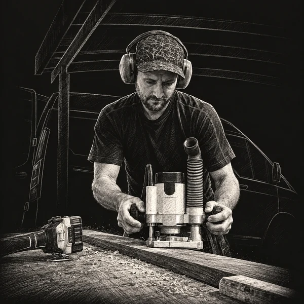 Sort/hvid illustration af Rasmus, der arbejder med en overfræser i træ